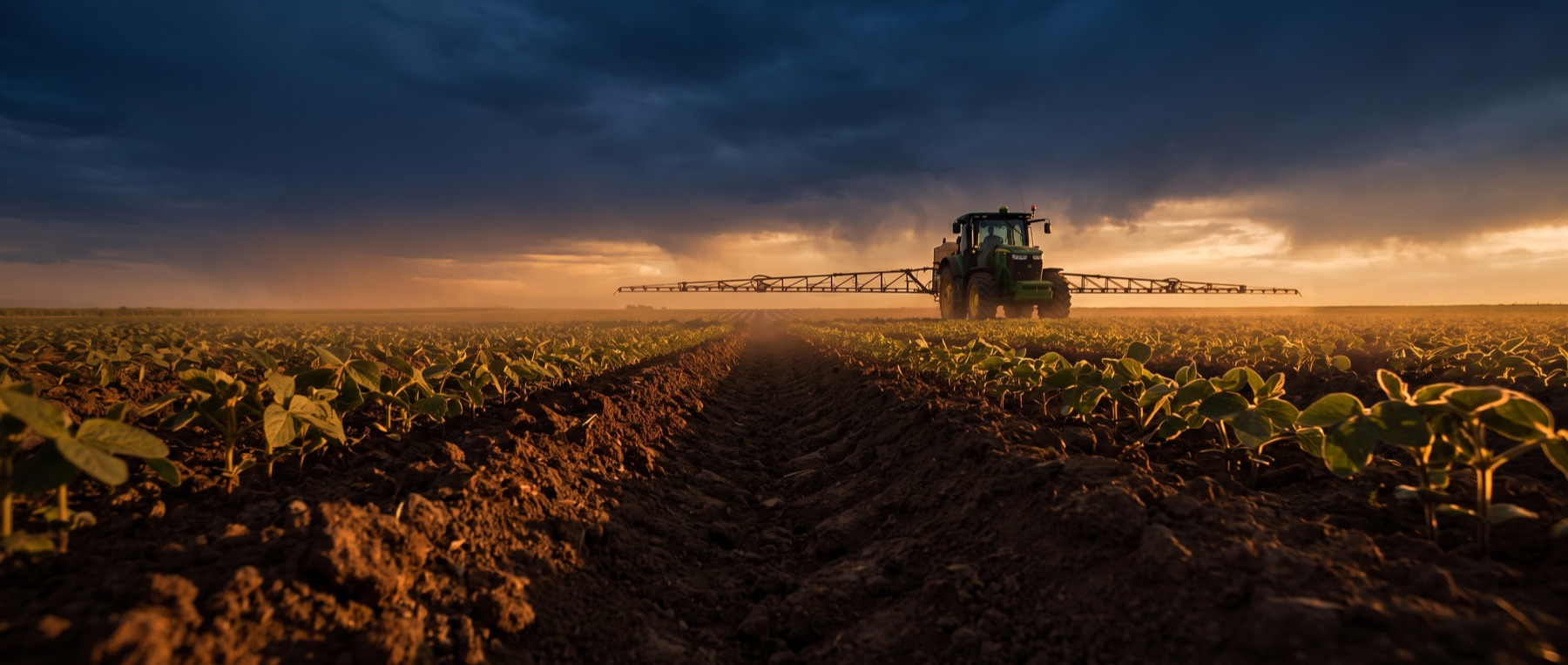 Crop rows at dusk with a spray rig working the field