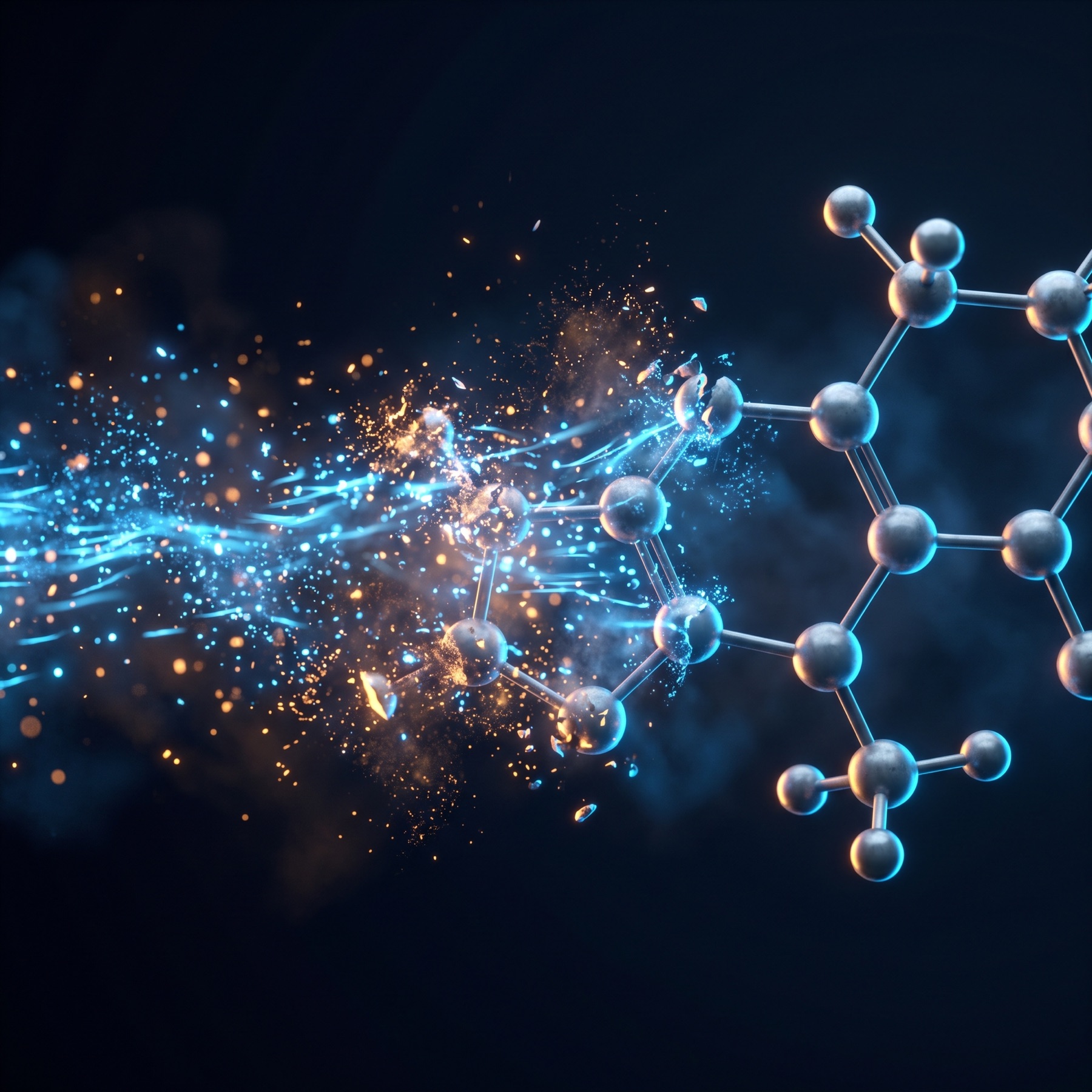 Glyphosate molecule breaking apart under hydrogen ion exposure
