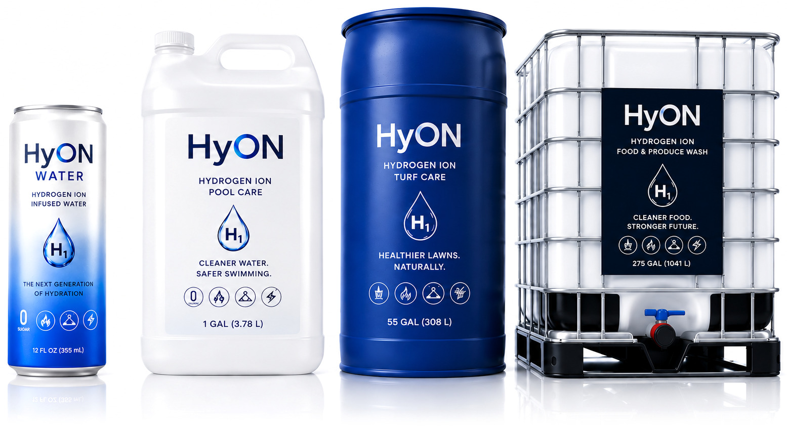 HyON product lineup — Water can, Pool Care jug, Pest Control drum, and Produce Wash IBC tote