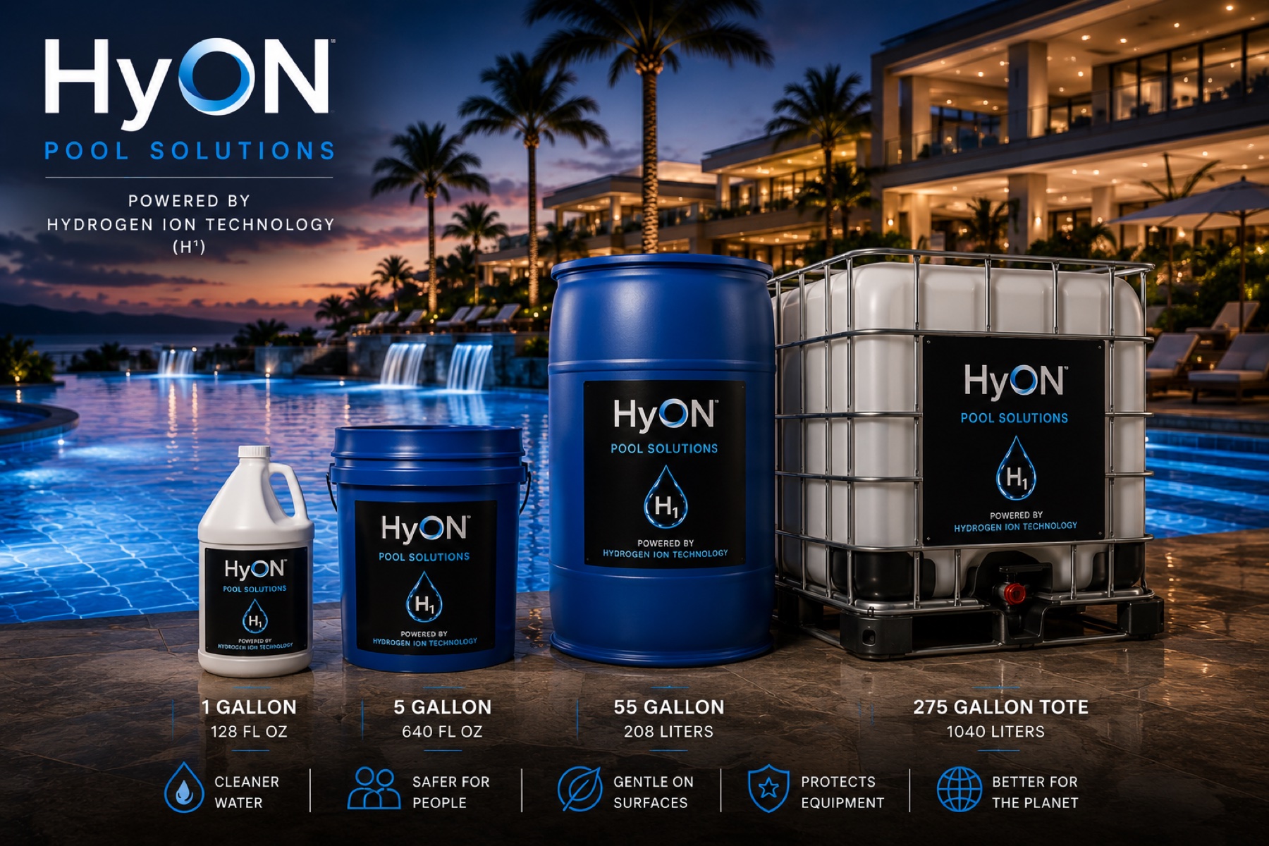 HyON Pool Solutions container range — 1 gallon, 5 gallon bucket, 55 gallon drum, and 275 gallon tote poolside