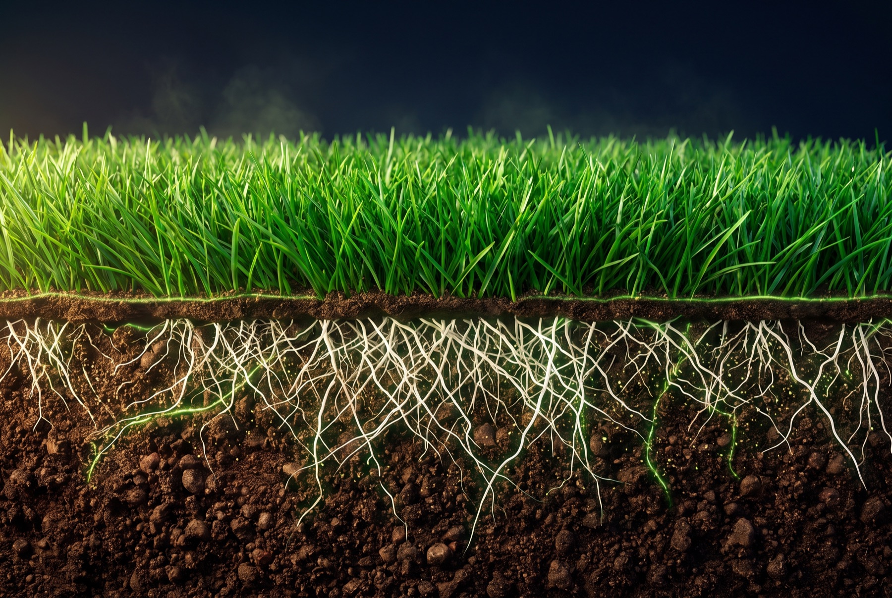 Cross-section of healthy turf — dense blades above, deep root structure below