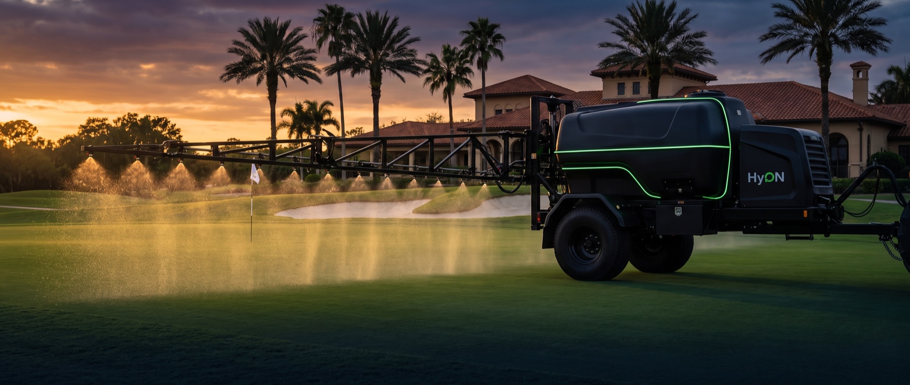 HyON Pest Solutions sprayer treating a golf fairway at golden hour