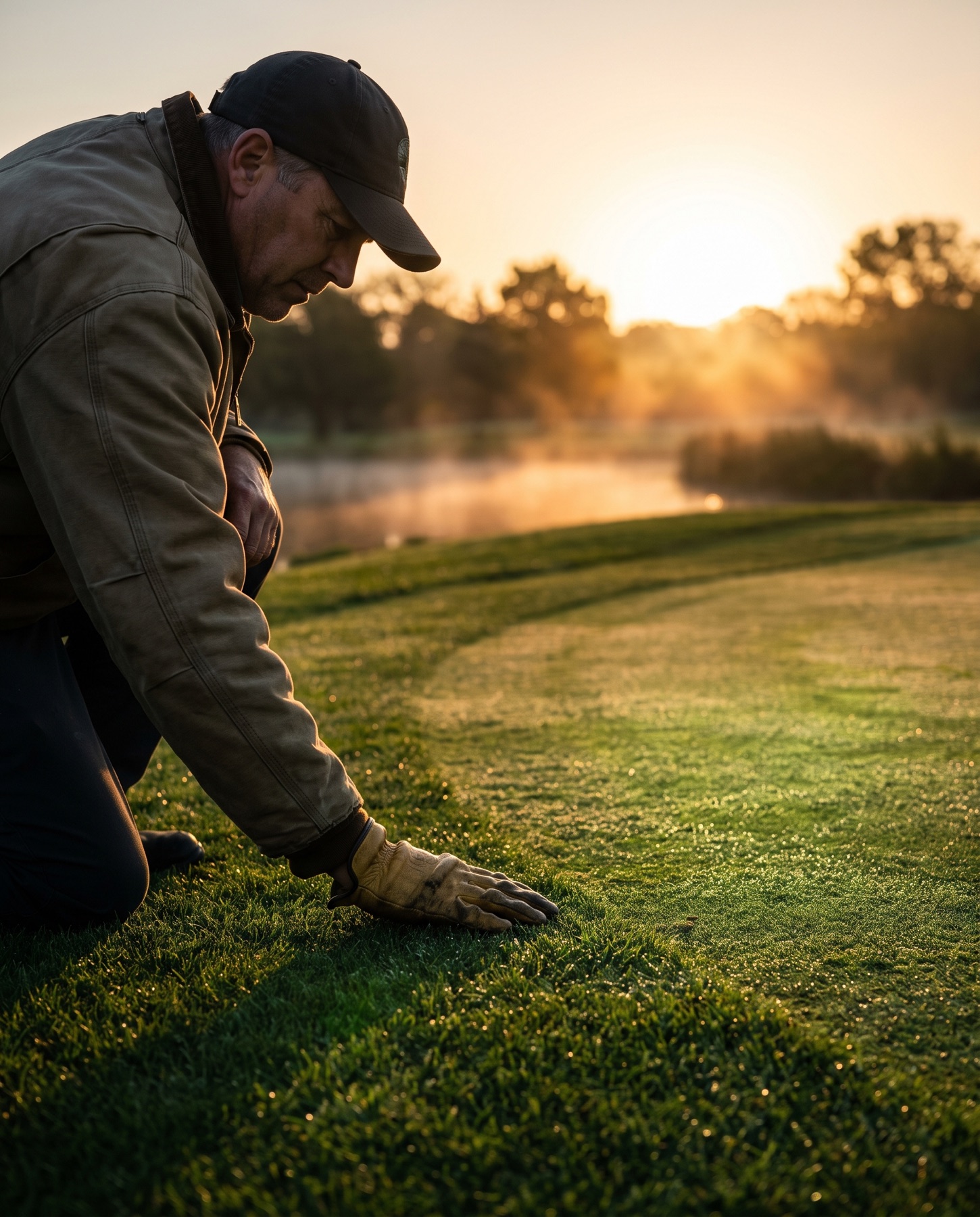Golf course superintendent inspecting green turf at dawn